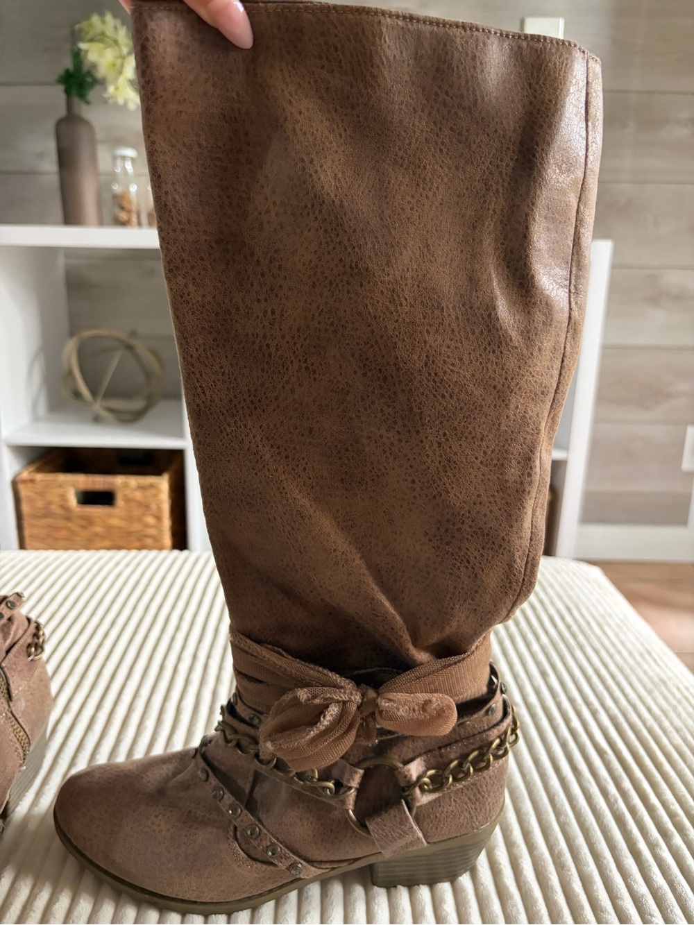 Women’s Brown Mid-Calf Heeled Fashion Boots with Decorative Strap 6.5